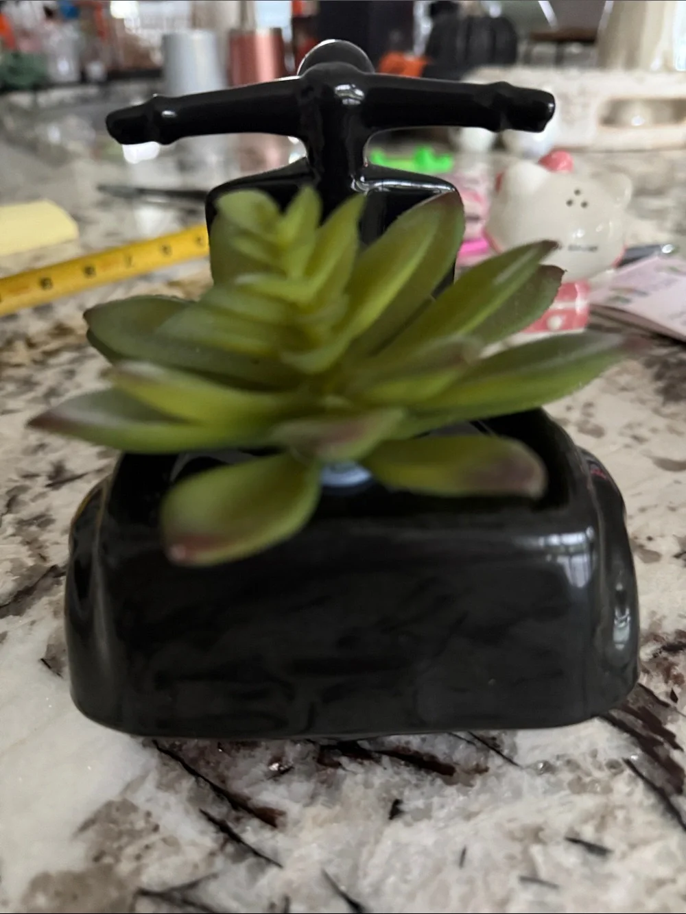 Black Ceramic moped Planter with Faux Succulent